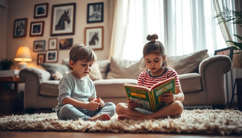 A cozy and inviting family living room, filled with warm, soft lighting and a harmonious blend of natural textures. In the foreground, a young child sits cross-legged on a plush rug, engrossed in a storybook, their face reflecting a sense of wonder and curiosity. Behind them, a parent or guardian reclines on a comfortable sofa, their expression serene and attentive, conveying a nurturing and supportive presence. In the background, framed artwork and personal mementos adorn the walls, creating a sense of belonging and emotional connection. The overall atmosphere exudes a sense of emotional security, comfort, and the profound influence of a nurturing family environment on a child's character development.