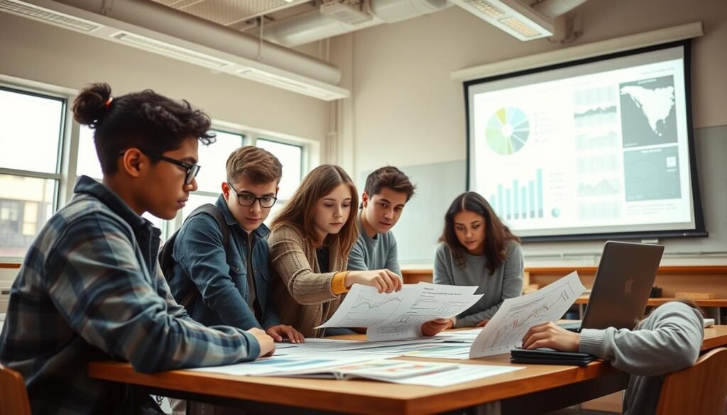 A dynamic and impactful scene of students deeply engaged in analytical problem-solving. In the foreground, a group of high school students huddled around a table, poring over data and diagrams, their faces alight with focused determination. Surrounding them, a spacious, well-lit classroom with large windows, allowing natural light to stream in and create a sense of openness and clarity. In the background, a projection screen displays complex visualizations and charts, guiding their analytical process. The atmosphere is one of intellectual curiosity and collaborative learning, capturing the essence of how the new curriculum has transformed student capabilities in critical thinking and analysis.