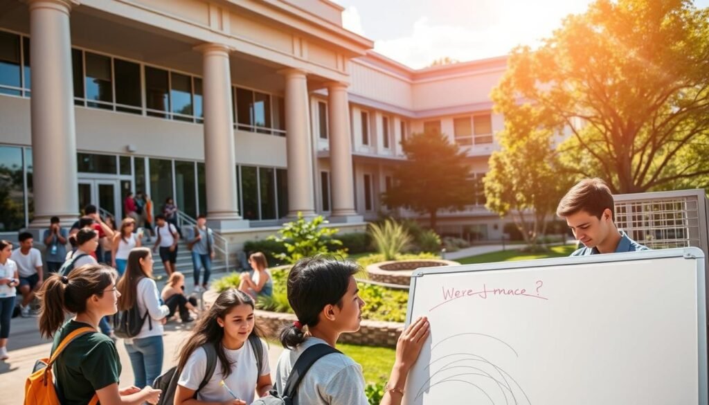 A prestigious high school nestled in a vibrant landscape, with a grand, modern facade adorned with columns and sleek architectural details. Sunlight filters through large windows, casting a warm glow upon the bustling students engaged in lively discussions. In the foreground, a group of students collaborate at a whiteboard, their expressions animated as they tackle complex problems. The middle ground features a well-equipped science laboratory, where young scholars conduct experiments with focused intensity. In the background, a lush garden oasis provides a serene respite, encouraging contemplation and creative thought. An atmosphere of academic excellence, innovation, and a nurturing environment for critical thinking pervades the scene.