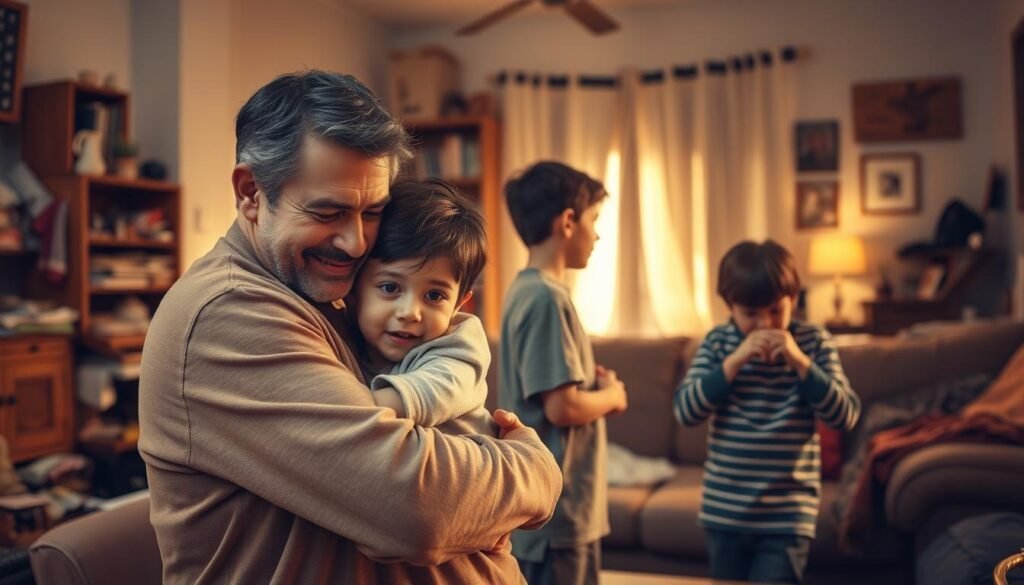 A warm, cozy family home, with a sense of challenge and growth. In the foreground, a loving parent embracing a child, their faces etched with determination. In the middle ground, siblings engaged in a constructive dispute, working through differences. The background reveals a cluttered living room, reflecting the messy reality of family life, yet illuminated by soft, golden lighting that evokes a sense of resilience. Textures of worn furniture and personal mementos add depth, while the composition conveys the complex, yet rewarding journey of character formation within the family unit.
